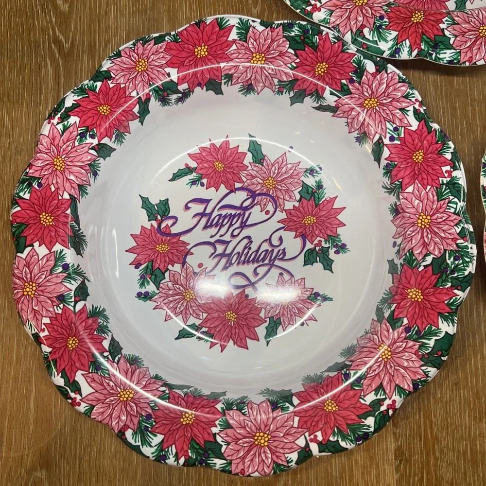 Berman Molded Plastic Bowl Poinsettia‎ Happy Holidays Christmas Dish (3) Vintage